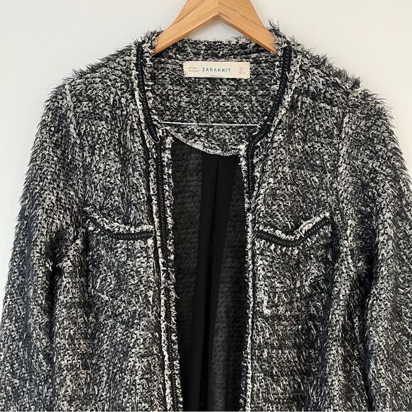Zara Knit Black White Boucle Open Front Longline Cardigan Coat Jacket Sz L - Picture 3 of 10